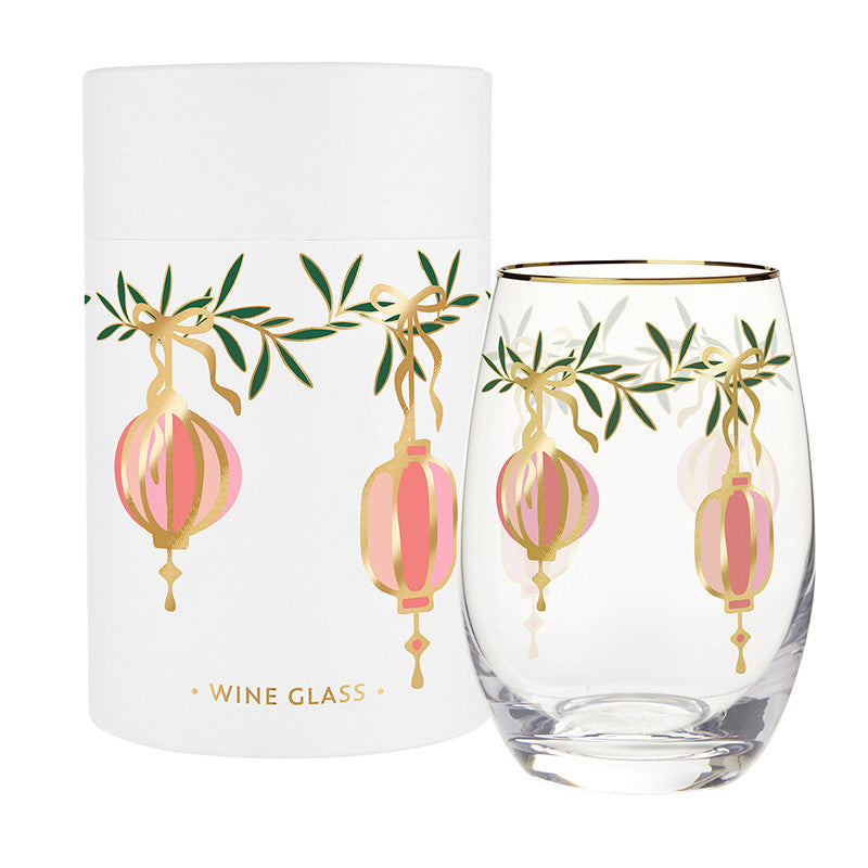Gold Foil Lanterns Stemless Wine Glass - Mahjong Holiday